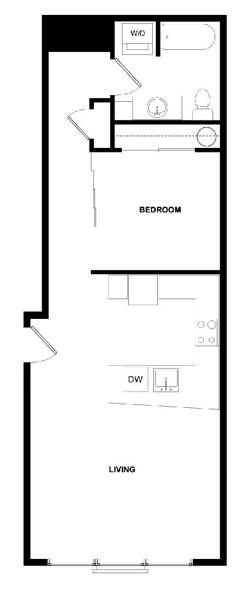 A floor plan of a two-story home with a living room, bedroom, and a bathroom.